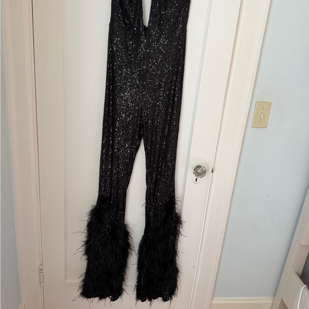 Fashion Nova Black Sequin Halter Jumpsuit Disco
